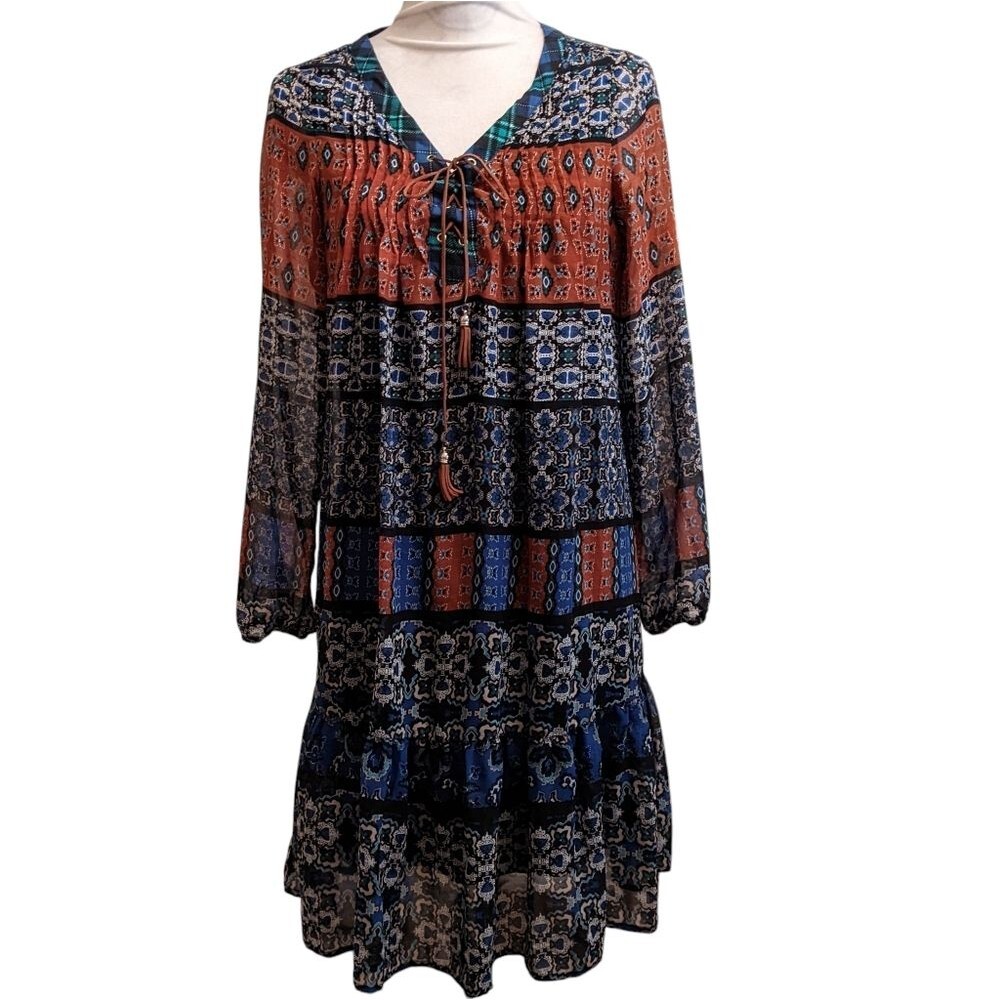 Boho Multicolor Long Sleeve Lined Loose Dress Tiered Moroccon Print Small